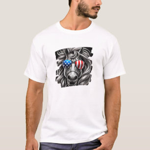 Grayscale Horse Art with American Flag Sunglasses  T-Shirt