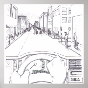 Grayscale Illustration Point of View of Driving Poster