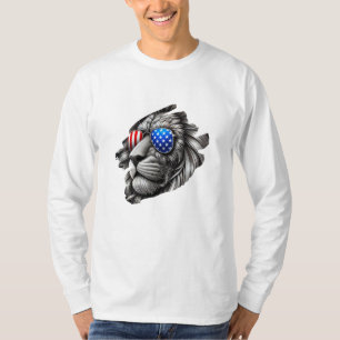 Grayscale Lion Art with American Flag Sunglasses T-Shirt