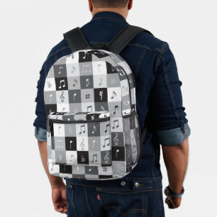Grayscale music notes pattern printed backpack
