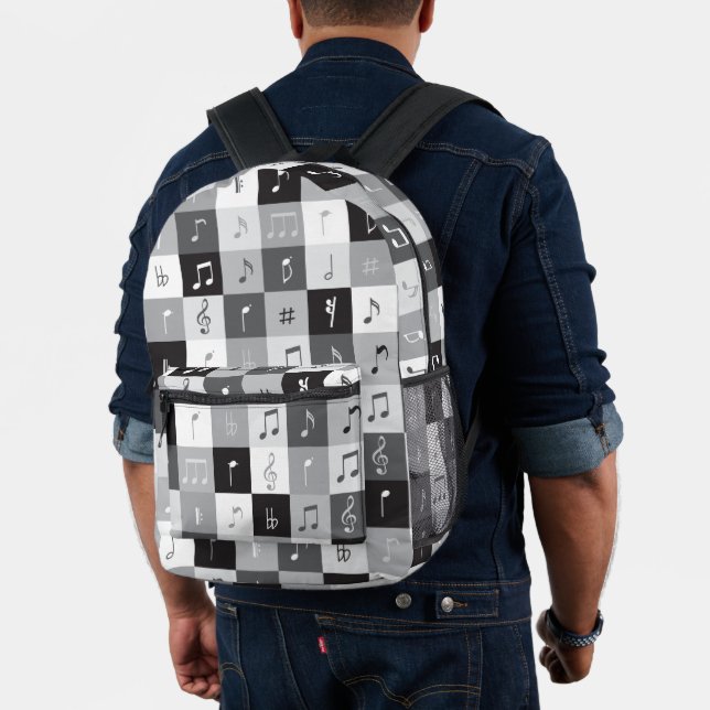Grayscale music notes pattern printed backpack (Insitu (Model))