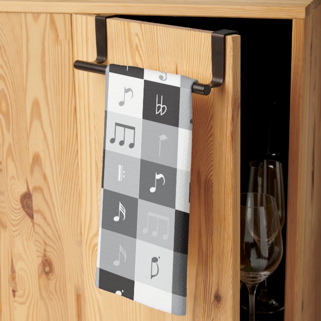 Grayscale music notes pattern tea towel (Thirds Fold)