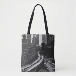GRAYSCALE PHOTO OF CITY TOTE BAG