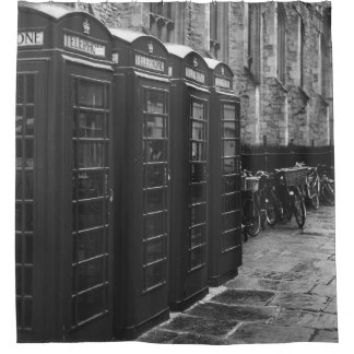 GRAYSCALE PHOTO OF FOUR TELEPHONE BOOTHS LINED UP SHOWER CURTAIN