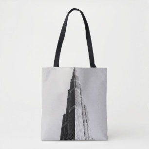 GRAYSCALE PHOTO OF HIGH RISE BUILDING TOTE BAG