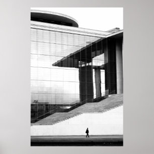GRAYSCALE PHOTO OF MAN WALKING ON CONCRETE PAVEMEN POSTER