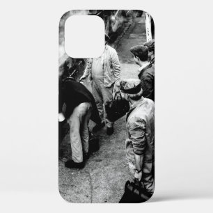 GRAYSCALE PHOTO OF MEN STANDING BESIDE 60163 TRAIN iPhone 12 CASE