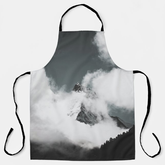 GRAYSCALE PHOTO OF MOUNTAIN COVERED IN CLOUDS APRON (Front)