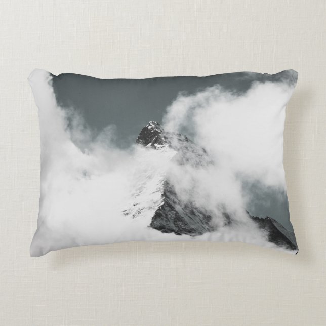 GRAYSCALE PHOTO OF MOUNTAIN COVERED IN CLOUDS DECORATIVE CUSHION (Front)