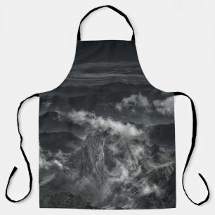 GRAYSCALE PHOTO OF MOUNTAIN RANGE APRON