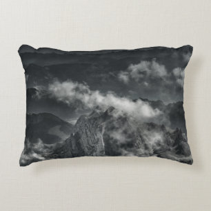GRAYSCALE PHOTO OF MOUNTAIN RANGE DECORATIVE CUSHION