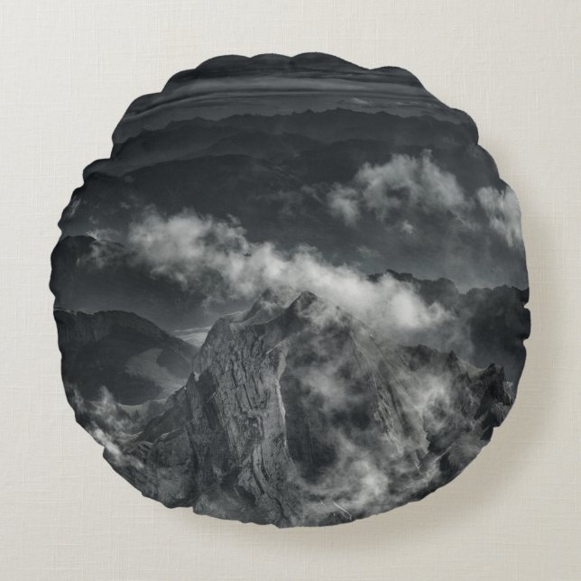 GRAYSCALE PHOTO OF MOUNTAIN RANGE ROUND CUSHION (Front)