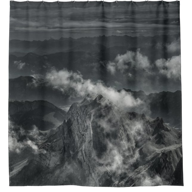 GRAYSCALE PHOTO OF MOUNTAIN RANGE SHOWER CURTAIN (Front)