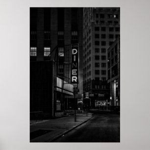 GRAYSCALE PHOTO OF PEARL DINER SIGN IN CITY