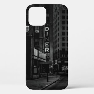 GRAYSCALE PHOTO OF PEARL DINER SIGN IN CITY iPhone 12 CASE