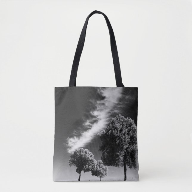 GRAYSCALE PHOTO OF PERSON ON ROAD BETWEEN TREES TOTE BAG (Front)