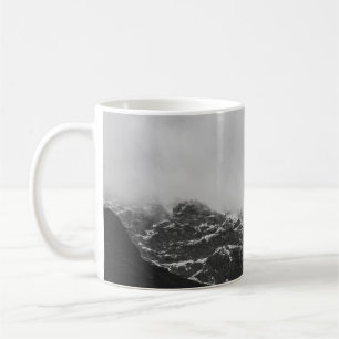 GRAYSCALE PHOTO OF SNOW COVERED MOUNTAIN COFFEE MUG