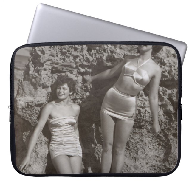 GRAYSCALE PHOTO OF THREE WOMEN STANDING AND SITTIN LAPTOP SLEEVE (Front)