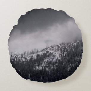GRAYSCALE PHOTO OF TREE ROUND CUSHION