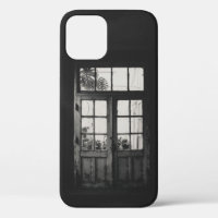 GRAYSCALE PHOTO OF WOODEN FRAMED CLEAR GLASS DOOR