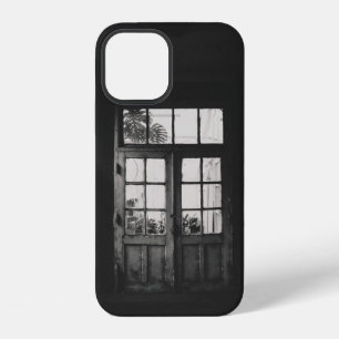 GRAYSCALE PHOTO OF WOODEN FRAMED CLEAR GLASS DOOR iPhone 12 CASE