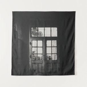 GRAYSCALE PHOTO OF WOODEN FRAMED CLEAR GLASS DOOR TAPESTRY
