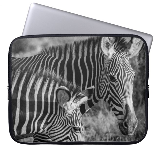 GRAYSCALE PHOTO OF ZEBRAS LAPTOP SLEEVE (Front)