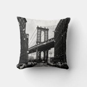 GRAYSCALE PHOTOGRAPHY OF BROOKLYN BRIDGE CUSHION