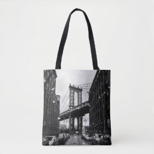 GRAYSCALE PHOTOGRAPHY OF BROOKLYN BRIDGE TOTE BAG