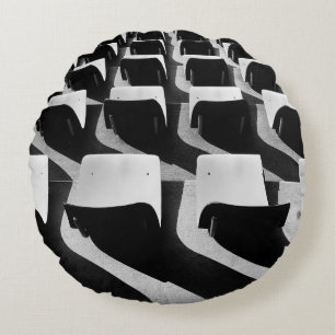 Grayscale photography of chairs with no people round cushion