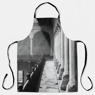 GRAYSCALE PHOTOGRAPHY OF CORRIDOR APRON