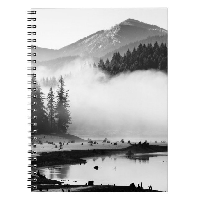 GRAYSCALE PHOTOGRAPHY OF LAKE NEAR PINE TREES NOTEBOOK (Front)