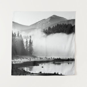 GRAYSCALE PHOTOGRAPHY OF LAKE NEAR PINE TREES TAPESTRY