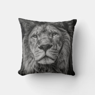 GRAYSCALE PHOTOGRAPHY OF LION CUSHION