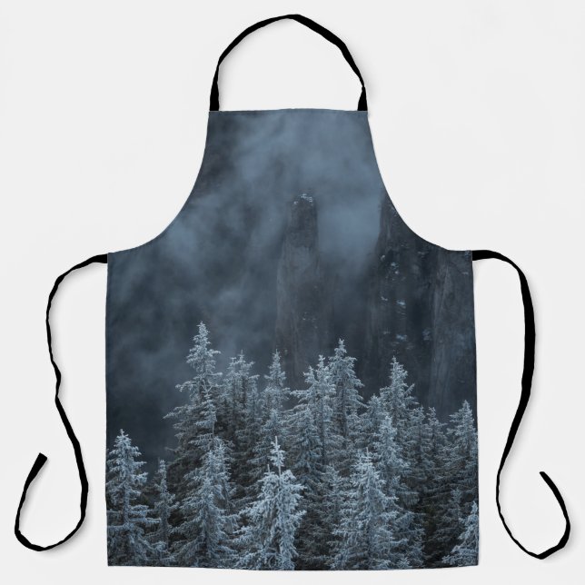 GRAYSCALE PHOTOGRAPHY OF MOUNTAIN AND TREES COVERE APRON (Front)