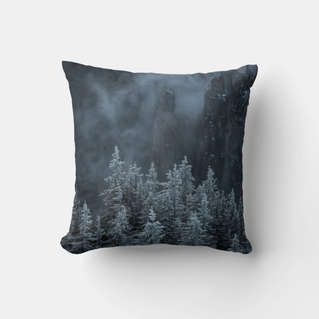 GRAYSCALE PHOTOGRAPHY OF MOUNTAIN AND TREES COVERE CUSHION (Front)