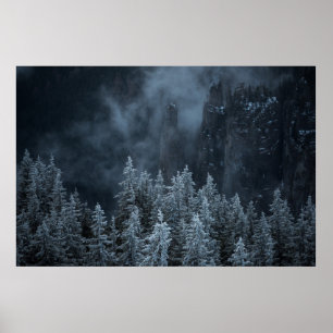 GRAYSCALE PHOTOGRAPHY OF MOUNTAIN AND TREES COVERE POSTER