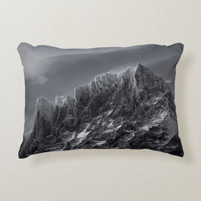 GRAYSCALE PHOTOGRAPHY OF MOUNTAIN DECORATIVE CUSHION (Front)