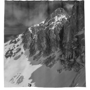 GRAYSCALE PHOTOGRAPHY OF MOUNTAIN SHOWER CURTAIN