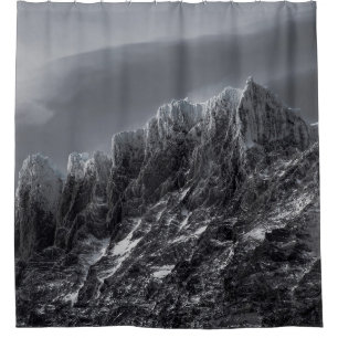 GRAYSCALE PHOTOGRAPHY OF MOUNTAIN SHOWER CURTAIN