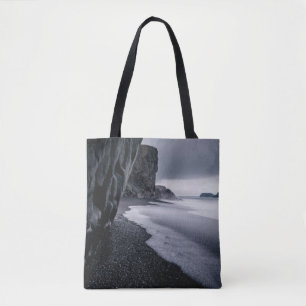 GRAYSCALE PHOTOGRAPHY OF SEASHORE AND CALM SEA TOTE BAG