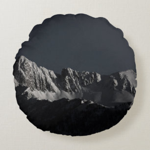 GRAYSCALE PHOTOGRAPHY OF SNOW MOUNTAIN ROUND CUSHION