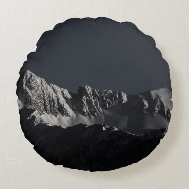 GRAYSCALE PHOTOGRAPHY OF SNOW MOUNTAIN ROUND CUSHION (Front)