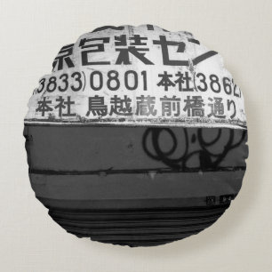 GRAYSCALE PHOTOGRAPHY OF STORE SIGN ROUND CUSHION
