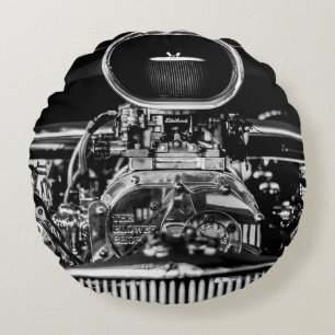 GRAYSCALE PHOTOGRAPHY OF VINTAGE CAR ENGINE ROUND CUSHION