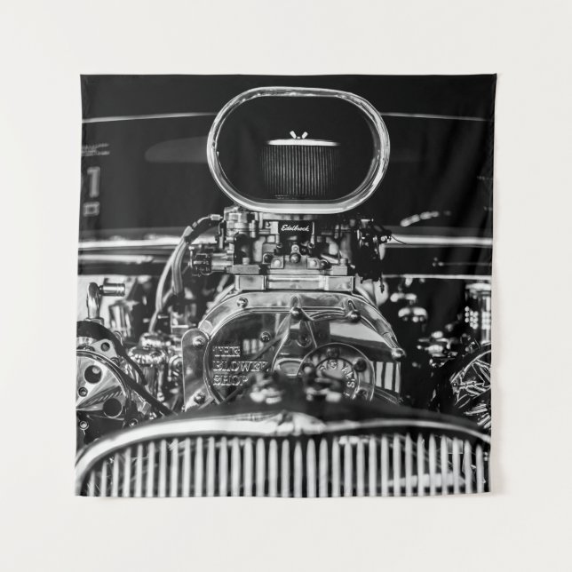 GRAYSCALE PHOTOGRAPHY OF VINTAGE CAR ENGINE TAPESTRY (Front)