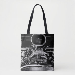 GRAYSCALE PHOTOGRAPHY OF VINTAGE CAR ENGINE TOTE BAG