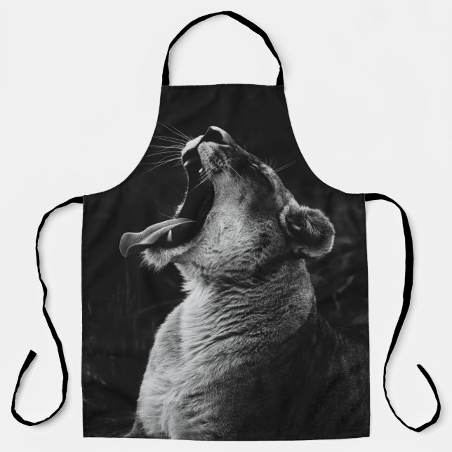 GRAYSCALE PHOTOGRAPHY OF YAWNING LIONESS APRON (Front)