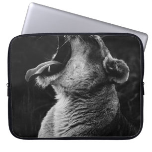 GRAYSCALE PHOTOGRAPHY OF YAWNING LIONESS LAPTOP SLEEVE
