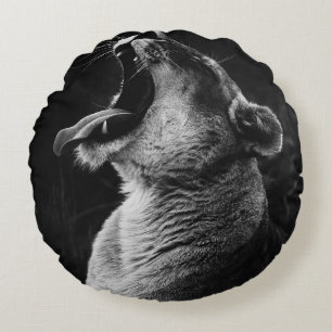 GRAYSCALE PHOTOGRAPHY OF YAWNING LIONESS ROUND CUSHION